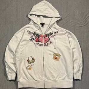 Forever 21 Graphic Zip Up Hoodie Womens White Angel Wings Heart Tattoo Y2K S